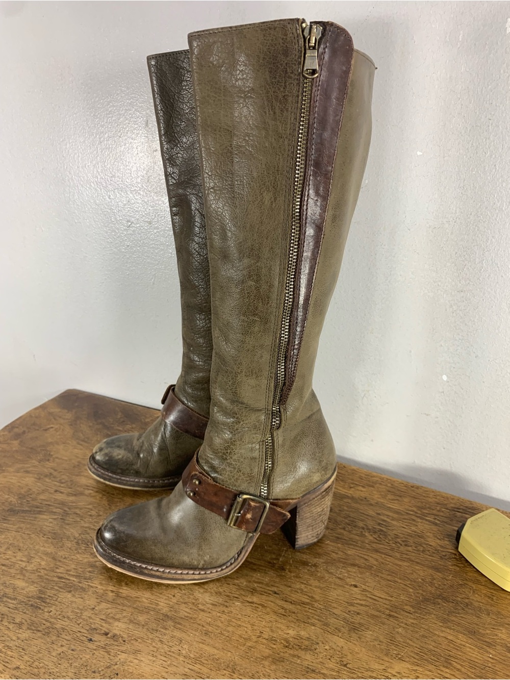 Vintage Italian Leather Knee-High Boots Olive Green Distressed western style